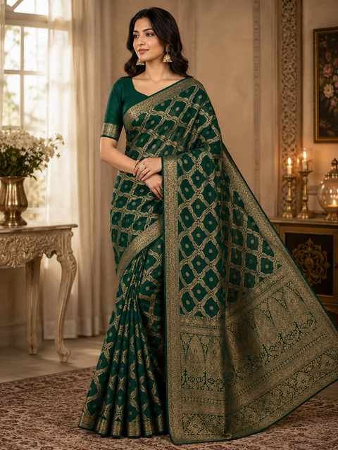 Very Soft Pure chiffon based Beautiful zari work Banarasi look Saree(Blouse Shown Is For Reference Only. The Blouse Piece Is Included With The Saree As Unstitched Fabric)(slight variation in color and design is possible )