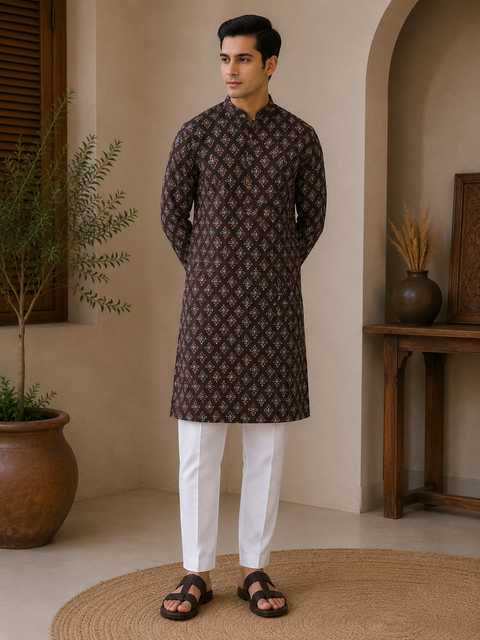Pure cotton based Men’s Printed kurti (sizes mentioned in inches ,not according to the label on Kurti)size 44 kurti- Length 40 inches and size 46-length 42 inches ) Kurti only. Pants not included.
