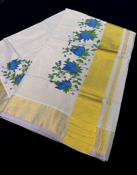 KERALA Gold Tissue SAREE WITH BEAUTIFUL FLORAL PRINT
