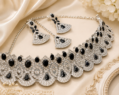 Silver jerkan stone beautiful choker necklace with earrings and tikka set