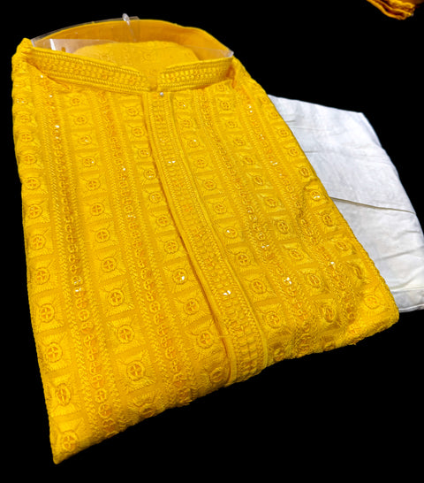 Pure Rayon Based Beautiful heavy Embroidery Work At Front And Back With Sequins Work Designer Kurta & White Pants