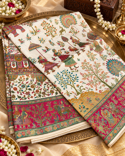 Pure Soft Silk Kalamkari-Inspired Saree with beautiful traditional motifs and a richly detailed pallu. Blouse shown on model is for reference only; actual blouse piece is attached with the saree. Slight variation in colour and design is possible.