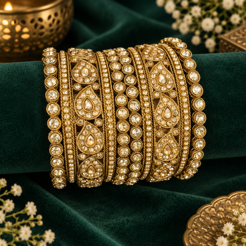 Beautiful bangle set featuring sparkling polki stones (Slight variations in color & design is possible )