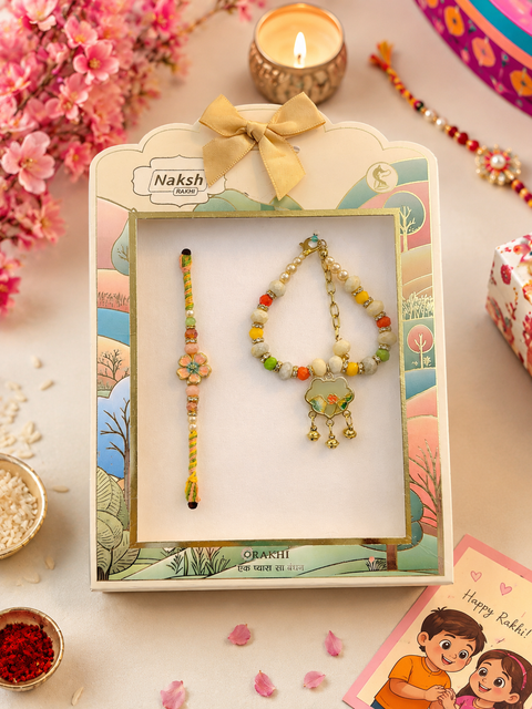 Beautiful Bhai-Bhabhi Rakhi set with colourful beads and elegant detailing — a perfect celebration of the special Raksha Bandhan bond.