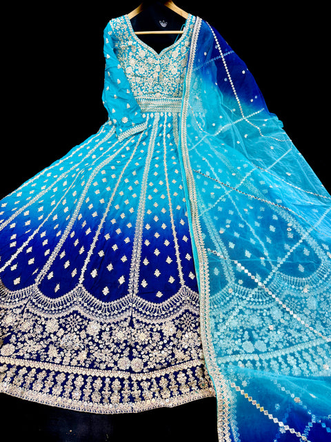 Ombré shades Chinnon Based Embroidery With sequins Work  heavy flared gown/kameez And Netting Based Sequined Work Dupatta