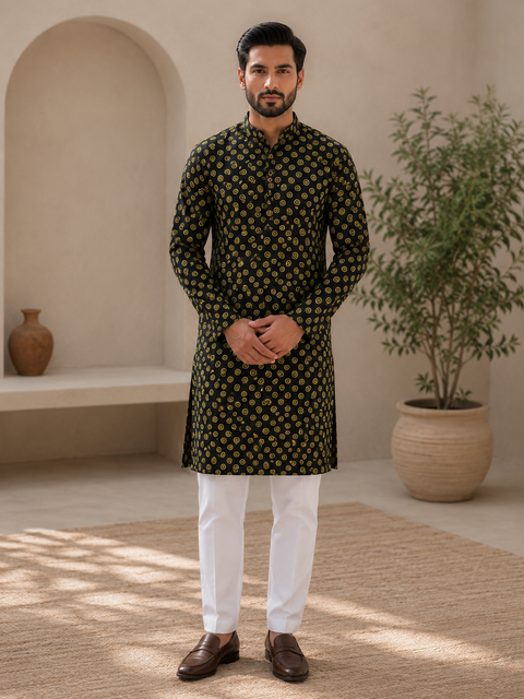 Pure cotton based Men’s Printed kurti (sizes mentioned in inches ,not according to the label on Kurti)size 44 kurti- Length 40 inches and size 46-length 42 inches ) Kurti only. Pants not included.