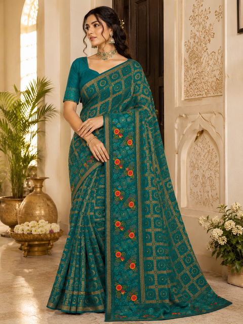 Beautiful Bandhani print work with Stones and embroidery design beautiful soft Georgette Saree Blouse Worn By The Model Is For Reference Purposes Only. The Blouse Piece Is Attached Separately With The Saree. Slight Variation In Color And Design May occur