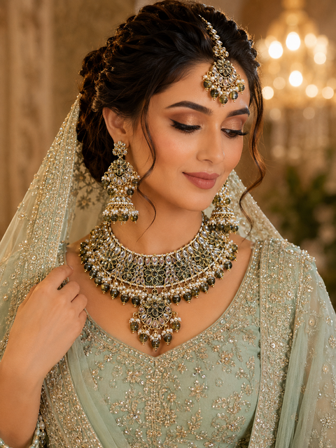 Elegant Kundan Bridal Necklace Set featuring delicate pearl detailing and timeless royal charm (slight variation in color and design is possible)