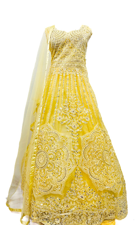 Embroidery with stone work netting based gown with heavy flared  ken ken and netting dupatta with lace border