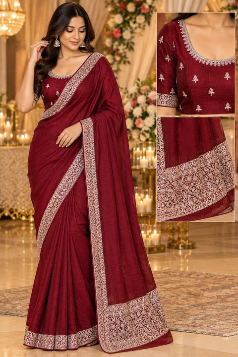 Soft-flowing fancy silk georgette saree with elegant embroidered borders, fine stone work and a heavy detailed pallu. Includes an attached embroidered blouse piece; model blouse is for reference only. Slight variation in colour/design possible.