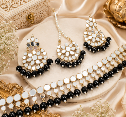 Pearls With mirror Work Necklace Set With Earrings & Tikka