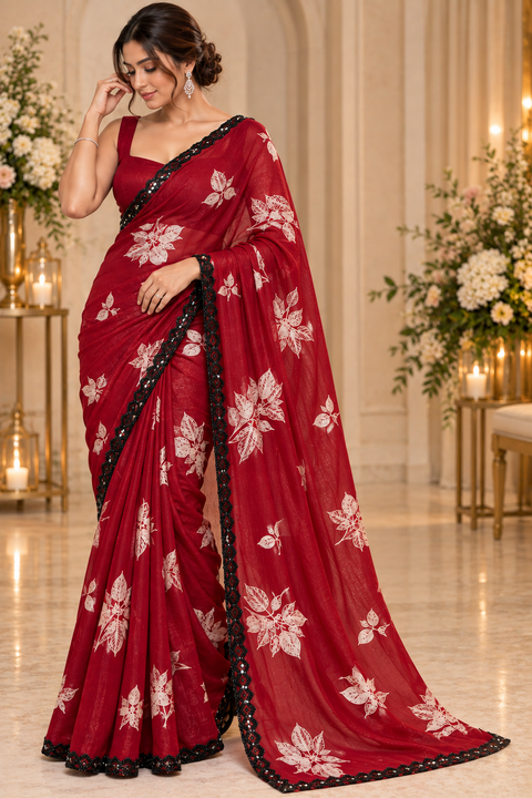 Fendi Silk Saree – Elegant floral print with beautiful black stone handwork border all around. Soft, stylish, two toned shiny. Matching blouse piece attached; model blouse is for reference only. Slight variation in colour/design is possible.