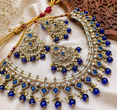 Original Polki stone with pearls beaded work beautiful necklace with jhumka and tikka set