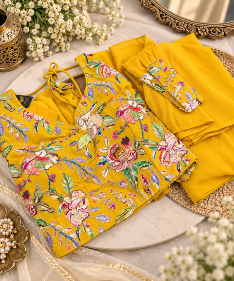 Elegant crepe Silk blouse featuring beautiful embroidery and sequin work, paired with a flowy georgette loose circular palazzo for a stylish Indo Western look. Slight variation in colour and design is possible.