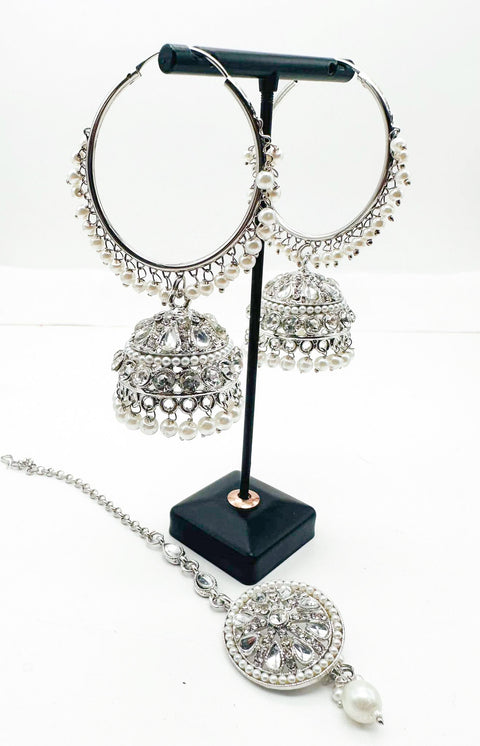 Silver stone with pearls work beautiful Jhumka Balian big size with Tikka
