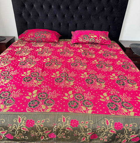 Roses Print Velvet golden zari Work Bed Sheet (275cm x 265cm)king size King Size Bedsheet With Double Pillow Cover