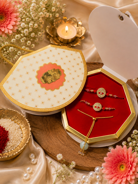 Beautiful Bhai-Bhabhi Rakhi Set featuring elegant stone work with delicate bead detailing and a stylish Bhabhi bracelet. Comes in a beautiful premium gift box, perfect for Raksha Bandhan.