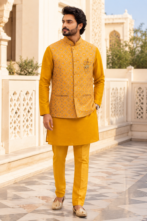 Mustard Yellow Kurta Set with Designer Woven Jacket – A premium mustard yellow kurta paired with a matching geometric woven Nehru jacket, perfect for weddings and festive celebrations. Slight variation in color and design may occur.