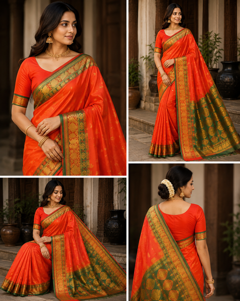 Premium Art Silk Saree Featuring Elegant Zari Weaving, Saree Comes With An Attached Blouse Piece. Model Blouse Is For Reference Only. Slight Variation In Colour And Design May Occur