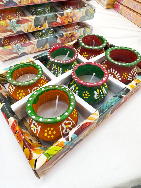 6 piece colourful Matka diya Natural Clay Traditional (Diwali Ke Diye) price per pack (slight variation in colors and design is possible )with wax inside
