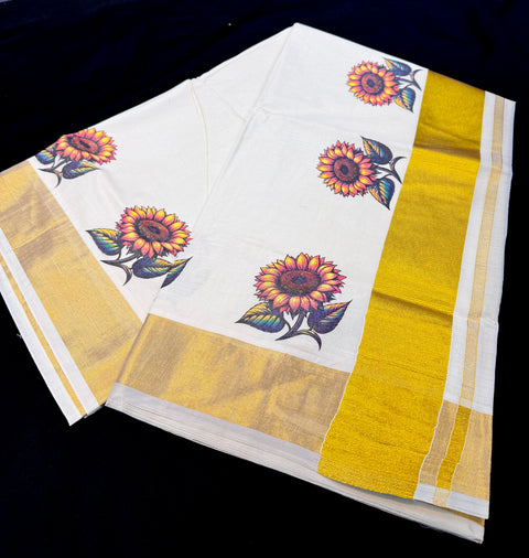 KERALA KASAVU COTTON SAREE WITH BEAUTIFUL FLORAL  PRINT