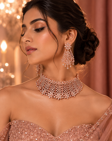 Rosegold & Silver Jerkan Stone Beautiful Necklace Set(slight variation in color and design is possible )