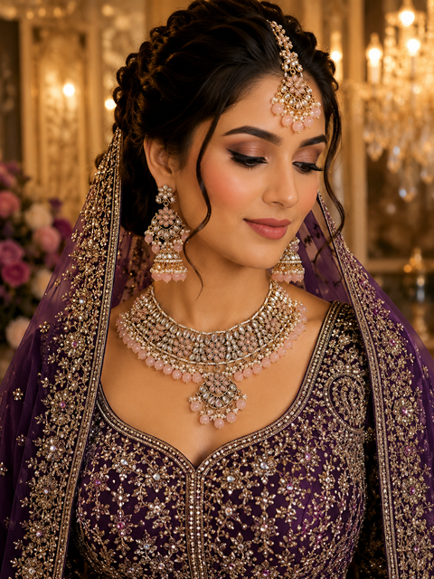 Elegant Kundan Bridal Necklace Set featuring delicate pearl detailing and timeless royal charm (slight variation in color and design is possible)