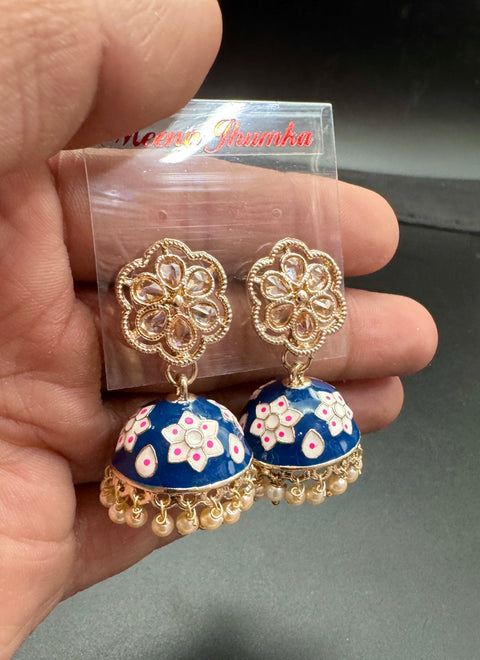 Small size Polki Stone With Pearls Work Beautiful Meenakari Jhumka