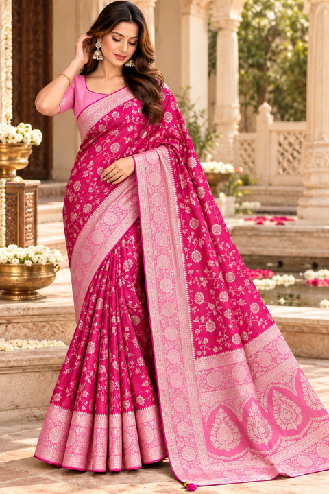 Dola Silk Saree with elegant all-over floral zari weaving and a rich contrasting woven border with detailed pallu.  Model blouse for reference only . Contrast blouse piece included.Slight variation in colour and design is possible.