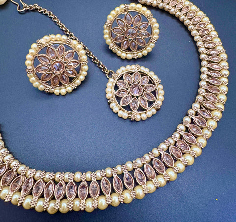 Polki And Pearls Work Beautiful Necklace Set With studs & Tikka