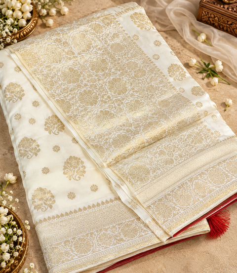 Luxuriously soft silk saree with a smooth, lightweight feel and beautifully flowy drape. Featuring rich woven zari floral motifs and an elegant detailed border .Blouse piece included. Slight variation in colour and design is possible.