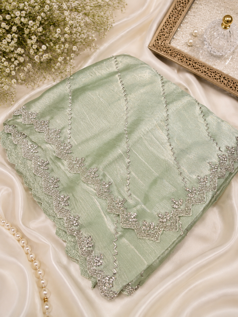 Elegant Jimmy Choo Saree featuring intricate handwork detailing and a beautifully embellished border. Comes with an attached matching blouse piece, blouse worn by the model is for reference purposes only(slight variation in color and design is possible)