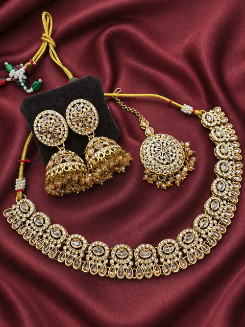 Original lite Gold Polki stones with jerkan stones necklace with jhumka and tikka