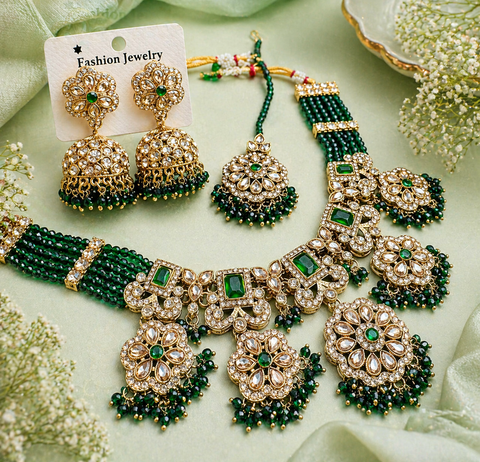 Original Polki stone with pearls beaded work beautiful necklace with jhumka and tikka set