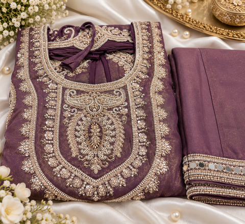 soft Georgette Silk outfit featuring exquisite handwork embroidery all over the kameez, matching loose circular palazzo with handwork detailing, and a beautiful golden-bordered dupatta.Slight variation in colour and design is possible l