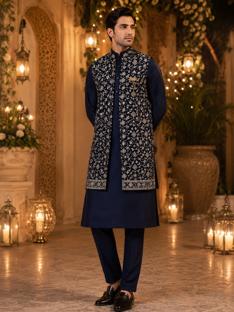 Embroidery work Velvet Jacket With Raw Silk Based Kurta & pants (slight variation in color & design is possible )