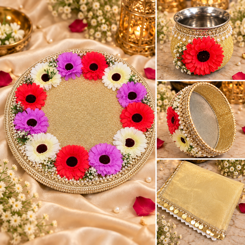 Elegant Karwa Chauth Thali Set with colourful floral detailing, pearl accents and matching thali, channi, kalash and cover cloth. Slight variation in colour and design is possible.