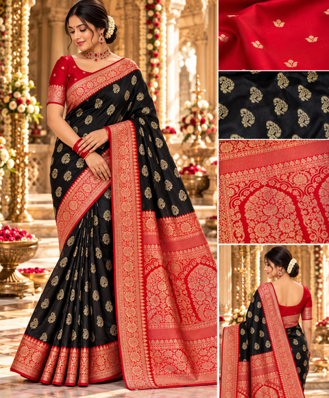 Dola Silk Saree with elegant all-over floral zari weaving and a rich contrasting woven border with detailed pallu. Soft, graceful drape with a luxurious festive look. Contrast blouse piece included.Slight variation in colour and design is possible.