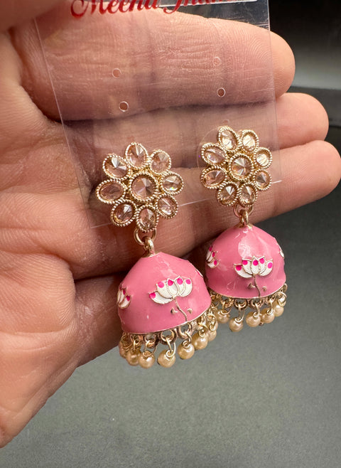 Small size Polki Stone With Pearls Work Beautiful Meenakari Jhumka