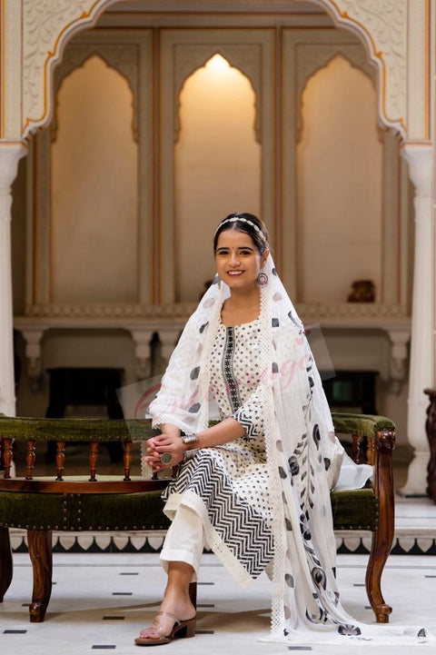 Pure & Soft cotton Based Designer Embroidery work Printed Kurti With Plazo Pants & Dupatta