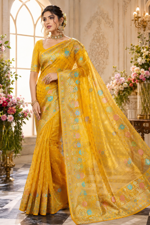 Organza silk saree with stone work and tessels attach on Pallu Model-Worn Blouse Is For Reference Only. Unstitched Blouse Piece Is Attached With Saree(Slight Variation In Color & Design Is Possible)
