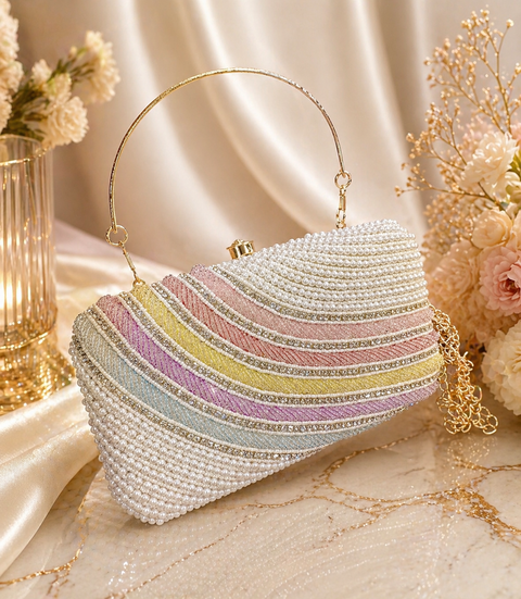 Stone work and pearls work beaded Handwork designer clutch bag with handle to carry with chain inside the clutch (can be attached or detached)