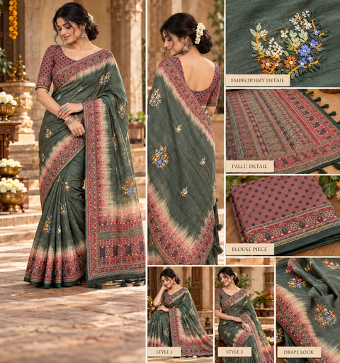 Elegant Chanderi cotton silk saree featuring delicate dotted prints, a beautifully detailed floral pallu and traditional printed border. Lightweight, graceful and perfect for festive or elegant day wear.