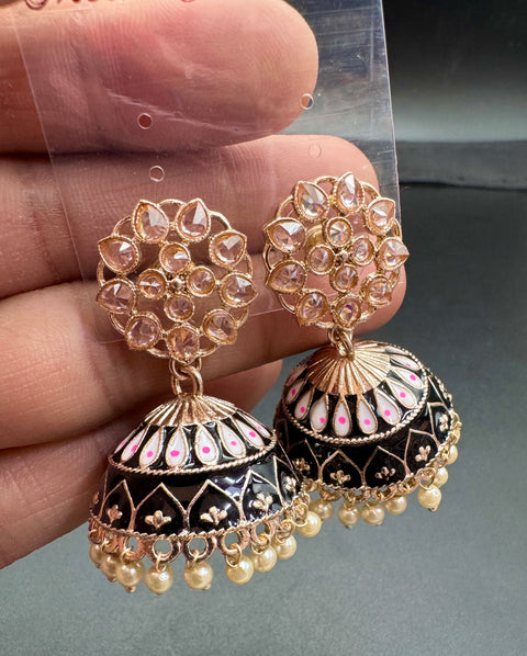 Polki Stone With Pearls Work Beautiful Meenakari Jhumka