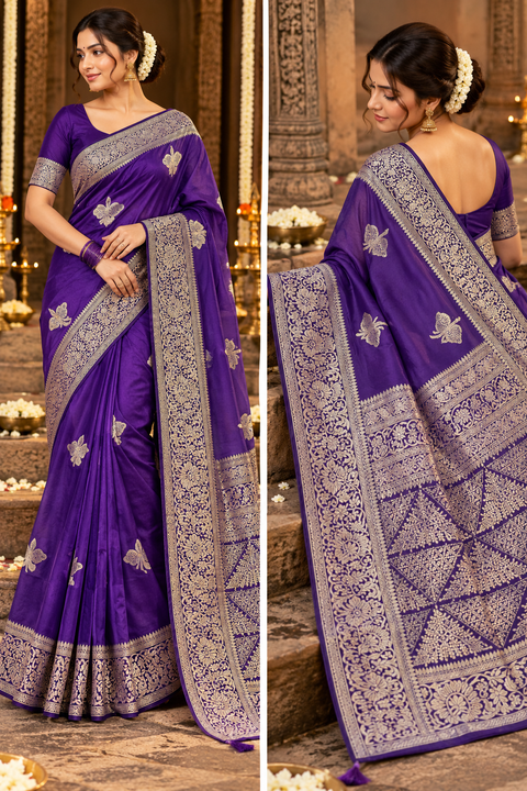 Luxuriously soft silk saree with a smooth, lightweight feel and beautifully flowy drape. Featuring rich woven zari floral motifs and an elegant detailed border .Blouse piece included. Slight variation in colour and design is possible.