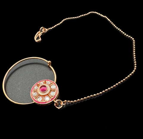 (video clip attached)Pastel Pink on Rosegold shade base Original Kundan Polki stones with Meenkari & Pearls work Bridal necklace with beautiful Jhumka, tikka , 2 Rings NOTE:- original Kundan Polki stones not fake plastic stones)