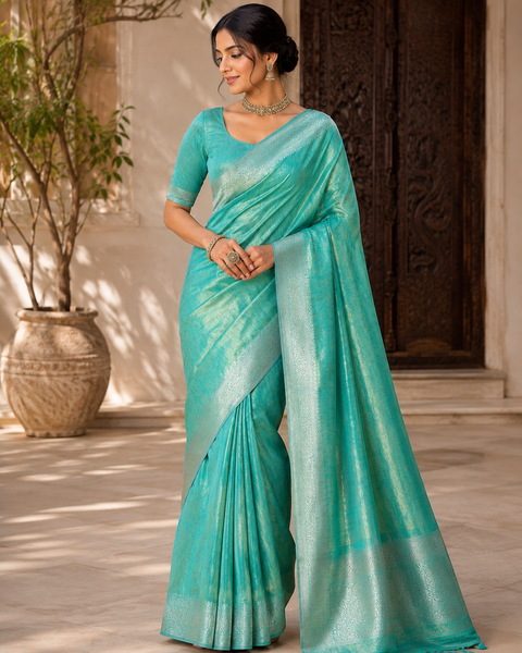 Soft Silk Tissue Saree with Dual Tone Metallic Finish .Model-worn blouse is for reference only. Unstitched blouse piece is attached with saree(slight variation in color & design is possible)