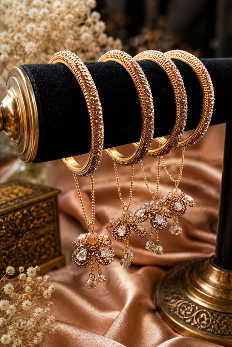 Beautiful Golden fine stone shiny Brass Bangles with Beautiful Latkan set (Sample picture attached at end to show it can be customised with plain Velvet or Metal Bangles)set of 4 Bangles