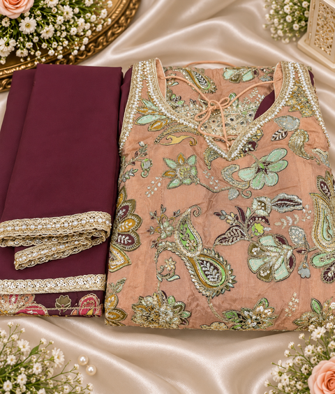 Crepe Silk based embroidery worn kameez with circular plazo & dupatta .Slight variation in colour/design possible
