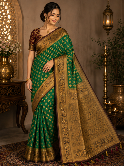 Premium Art Silk Saree Featuring Elegant Zari Weaving & Stone Work Throughout; Saree Comes With An Attached Blouse Piece. Model Blouse Is For Reference Only. Slight Variation In Colour And Design May Occur